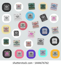 Set of vintage sticker, patches and badges with hand drawn typewriters, vector illustration