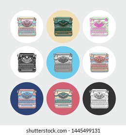 Set of vintage sticker, patches and badges with hand drawn typewriters, vector illustration for decoration. 