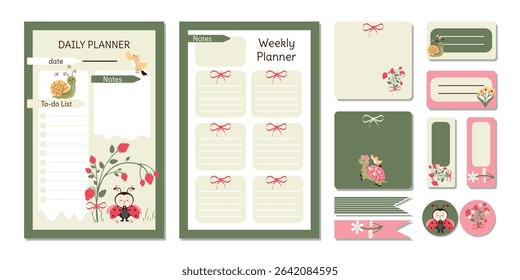 A set of vintage stickers for a daily planner and a to-do list for the day and week with a ladybug, strawberry, snail, turtle and flowers , a template for a notebook and stationery, vector design