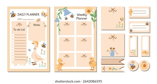 A set of vintage stickers for a daily planner and a to-do list for the day and week with cute characters and colors, a template for a notebook and stationery, hand-drawn vector design