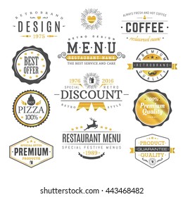 Set of vintage stickers on the theme "Food and beverages". Vintage labels catering. Labels with retro Thiele to serve in the restaurant business.