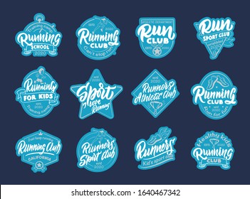 Set of vintage stickers, patches. Sport and Run badges, templates, emblems, stamps for Running club, school. Collection of retro logos with hand-drawn text and phrases. Vector illustration