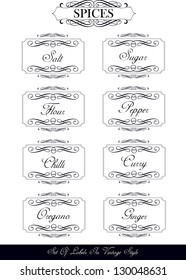 set of vintage stickers with spice names, vector design in black and white