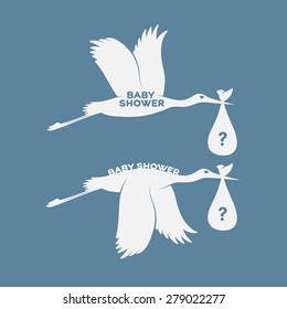 Set of vintage storks carrying baby bundle with question sign.