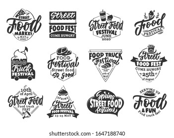 Set of vintage Street food emblems and stamps. Black food festival badges, stickers on white background isolated. Collection of retro logos with hand-drawn text, phrases. Vector illustration