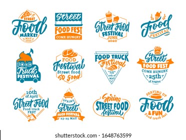 Set of vintage Street food emblems and stamps. Black food festival badges, stickers on white background isolated. Collection of retro logos with hand-drawn text, phrases. Vector illustration