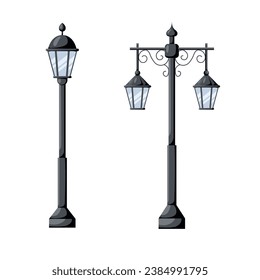 Set of vintage street lamps in cartoon style. Vector illustration of beautiful street lamps of different sizes and shapes isolated on white background. Lighting of streets and sidewalks.