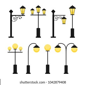 A set of vintage street lamps for roads and parks. A set of antique decorative lamps. A set of round modern lamps. Industrial electric objects. Flat vector illustration. Isolated on white background.