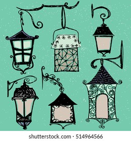 Set of vintage street lanterns hanging on a decorative brackets. Christmas lanterns made in hand drawn. Vector. Outdoor lamp.