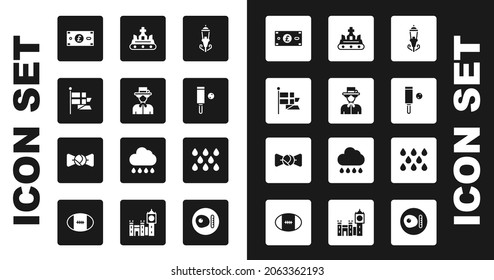 Set Vintage street light, Queen Elizabeth, England flag on flagpole, Pound sterling money, Wood cricket bat ball, British crown, Water drop and Bow tie icon. Vector