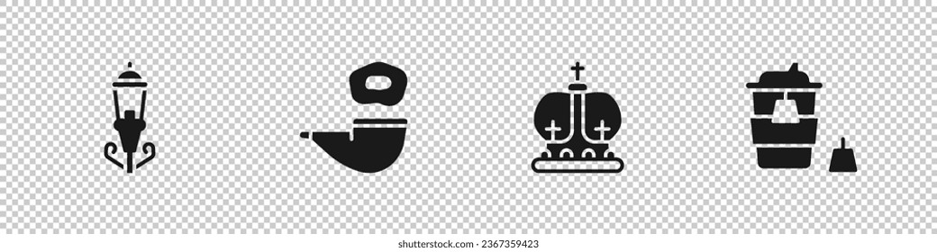 Set Vintage street light, Smoking pipe, British crown and Coffee cup to go icon. Vector