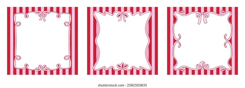 Set of vintage striped frames templates with wavy bows. Vector illustration of ribbon borders on striped square background. Holiday clipart in retro coquette aesthetic