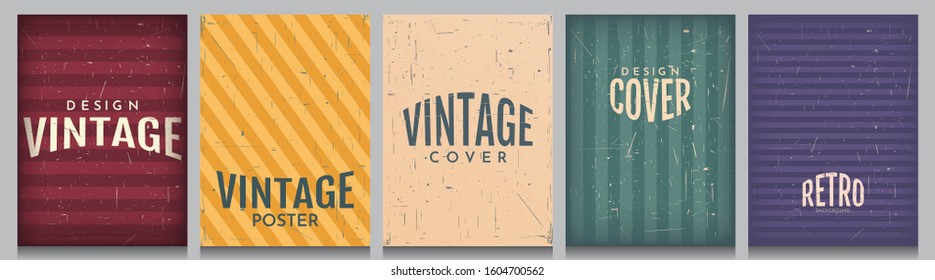Set of vintage style backgrounds. Vector abstract illustration. Wallpapers with scratches.  70s, 80s, 90s retro graphic. Grain overlay with old photo effect