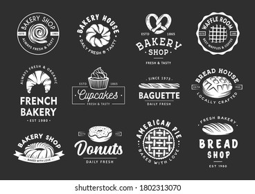 Set of vintage style bakery shop labels, badges, emblems and logo. Vector illustration. White graphic art with engraved design elements. Collection of linear graphic on black background.