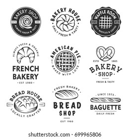 Set of vintage style bakery shop labels, badges, emblems and logo. Vector illustration. Monochrome graphic art with engraved design elements. Collection of linear graphic on white background. 