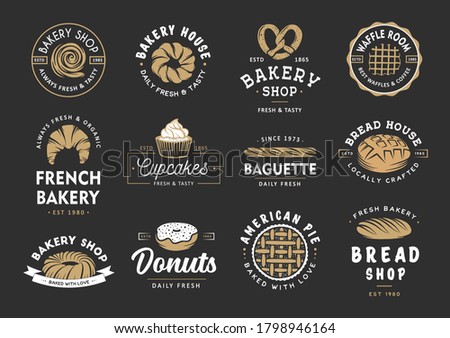 Set of vintage style bakery shop labels, badges, emblems and logo. Vector illustration. Colorful graphic art with engraved design elements. Collection of linear graphic on black background.
