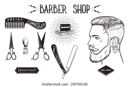 Set of vintage style barber shop objects, badges and design elements. Isolated white background.