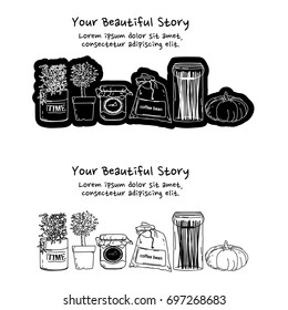 set of vintage style cafe props stickers, set of vintage sketches