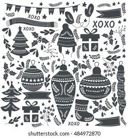A set of vintage style Christmas and New year elements on white  background. Typographic designs, hand-drawn labels, tags and embellishments.