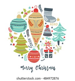 A set of vintage style Christmas and New year elements on white  background. Typographic designs, hand-drawn labels, tags and embellishments.