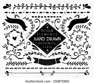 A set of vintage style design elements in black and white. Hand drawn decorative elements and embellishments. Borders, ribbons, swirls, labels and other retro style graphics.