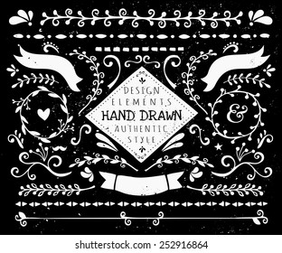 A Set Of Vintage Style Design Elements In Black And White. Hand Drawn Decorative Elements And Embellishments. Borders, Ribbons, Swirls, Labels And Other Retro Style Graphics.