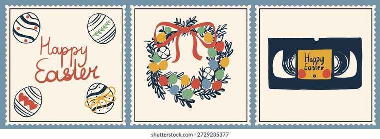Set of vintage style Easter postage stamps and nostalgic VHS tape illustrations with colorful hand-drawn eggs and festive wreath.