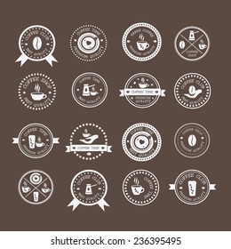 Set of vintage style elements of coffee shop logos, restaurant or bar logotype design elements with mugs and beans. Retro typography, coffee shop, cafe, menu