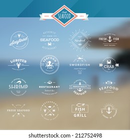 Set of vintage style elements for labels and badges for seafood, on the sea background    