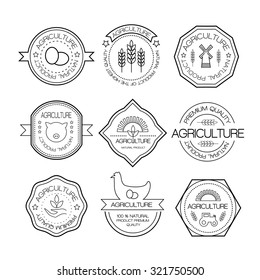 Set of vintage style elements for labels and badges for natural organic products, agriculture. Agriculture and farming logos in linear style.