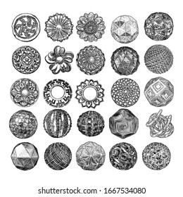 Set of vintage style floral circular cast stone design elements. Marble rosettes drawing for fashionable pattern in black white for textile, scarves, backgrounds. Vector.