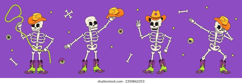Set of vintage style Halloween character. Groovy cool skeleton character. Funky retro Halloween mascot.Happy Halloween. Spooky season.Trendy retro cartoon style. Vector illustration
