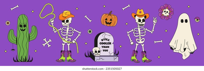 Set of vintage style Halloween characters. Groovy cool skeleton and ghost character. Funky retro Halloween mascot.Happy Halloween. Spooky season.Trendy retro cartoon style. Vector illustration