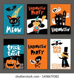 Set of vintage style Halloween posters or cards with cute characters and symbols. Funny halloween designs