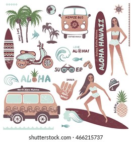 Set of vintage style Hawaiian summer icons of surf girl, hippie bus and pineapple.  