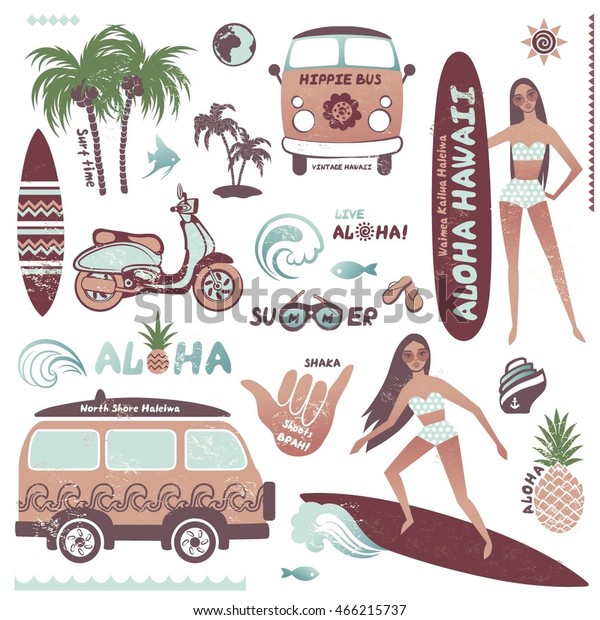 Set of vintage style Hawaiian summer icons\
of surf girl, hippie bus and pineapple. \
