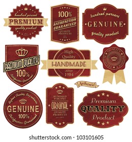 A set of vintage style labels in red and golden.