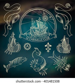 Set of vintage style marine images inverted on the dark blurred background. Editable vector illustration.