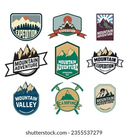 Set of vintage style mountains expedition labels and badges and design elements. Vector logo,badge or label design template.