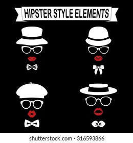 Set of vintage style silhouette people with hats, lips, glasses and bow ties