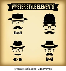 Set of vintage style silhouette people with hats, mustaches, glasses and bow ties