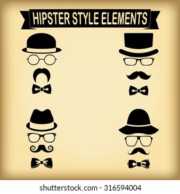 Set of vintage style silhouette people with hats, mustaches, glasses and bow ties