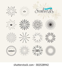 Set of vintage style sunburst elements for graphic and web design. Starburst/light rays handmade vector elements.    