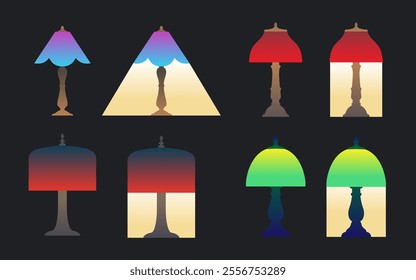 Set of vintage style table lamps turned on and off. Flat vector illustration on black background.