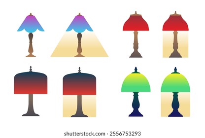 Set of vintage style table lamps turned on and off. Flat vector illustration on white background.