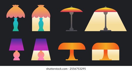 Set of vintage style table lamps turned on and off. Flat vector illustration on black background.