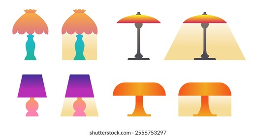 Set of vintage style table lamps turned on and off. Flat vector illustration on white background.