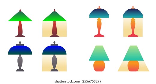 Set of vintage style table lamps turned on and off. Flat vector illustration on white background.