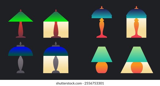 Set of vintage style table lamps turned on and off. Flat vector illustration on black background.