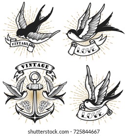 Set of vintage style tattoo with swallow birds, anchor isolated on white background. Design element for logo, label, emblem, sign. Vector illustration.